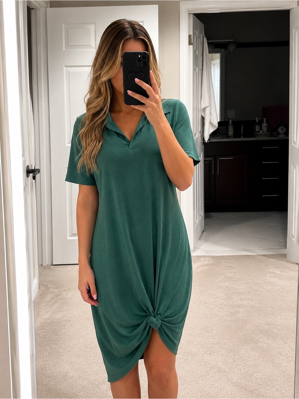 Casual Emerald Green Polo Knot Front Dress